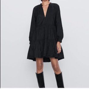 Zara Tiered Voluminous Black Taffeta Dress Medium